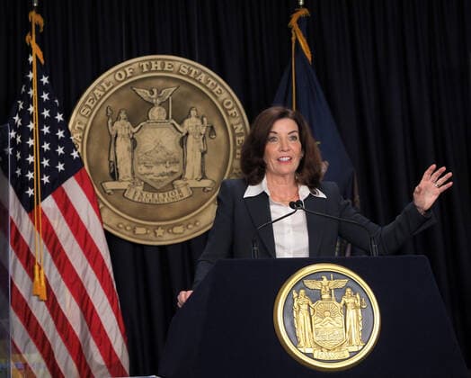 February 9, 2022, New York, New York, USA: New York State Governor Kathy Hochul speaks during a Covid-19 press conference on 09 Feb 2022. Governor Hochul announced the end of the New York state indoor mask mandate, effective tomorrow February 10th. Masks will still be required at schools, nursing homes, hospitals, bus and train stations. The mask mandate for schools will be evaluated upon return from winter break. New York USA - ZUMAr334 20220209_znp_r334_009 Copyright: xDebraxL.xRothenbergx