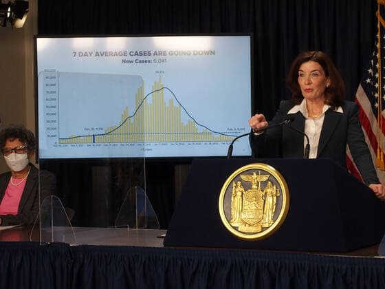 February 9, 2022, New York, New York, USA: February 9, 2022 New York Gov. Kathy Hochul in a press conference today in her N.Y.C. office said she is lifting the stateÃ¢â‚¬â ¢s business mask mandate on Thursday February 10,2022 as New York emerges from a deadly wave of Omicron cases Ã¢â‚¬ but will still require them in schools for now. New York USA - ZUMAct2_ 20220209_zaf_ct2_020 Copyright: xBrucexCotlerx