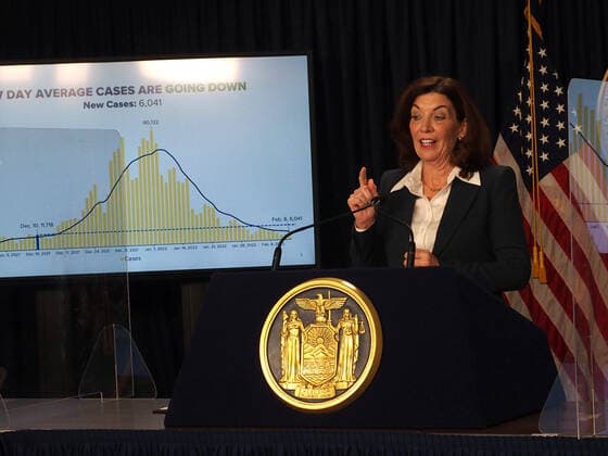 February 9, 2022, New York, New York, USA: February 9, 2022 New York Gov. Kathy Hochul in a press conference today in her N.Y.C. office said she is lifting the stateÃ¢â‚¬â ¢s business mask mandate on Thursday February 10,2022 as New York emerges from a deadly wave of Omicron cases Ã¢â‚¬ but will still require them in schools for now. New York USA - ZUMAct2_ 20220209_zaf_ct2_022 Copyright: xBrucexCotlerx