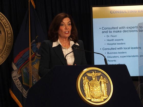 February 9, 2022, New York, New York, USA: February 9, 2022 New York Gov. Kathy Hochul in a press conference today in her N.Y.C. office said she is lifting the stateÃ¢â‚¬â ¢s business mask mandate on Thursday February 10,2022 as New York emerges from a deadly wave of Omicron cases Ã¢â‚¬ but will still require them in schools for now. New York USA - ZUMAct2_ 20220209_zaf_ct2_039 Copyright: xBrucexCotlerx