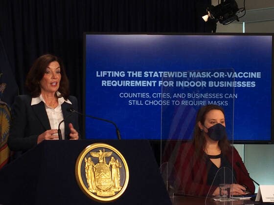 February 9, 2022, New York, New York, USA: February 9, 2022 New York Gov. Kathy Hochul in a press conference today in her N.Y.C. office said she is lifting the stateÃ¢â‚¬â ¢s business mask mandate on Thursday February 10,2022 as New York emerges from a deadly wave of Omicron cases Ã¢â‚¬ but will still require them in schools for now. New York USA - ZUMAct2_ 20220209_zaf_ct2_042 Copyright: xBrucexCotlerx