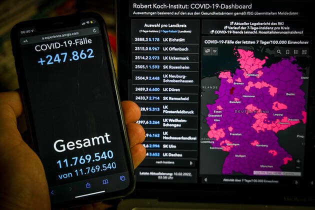 Coronavirus in Deutschland - Covid-19-Dashboard des Robert Koch-Institut 10.02.2022: Robert Koch-Institut: 7-Tage-Inzidenz 1465,4. 7-Tage-Fallzahl 1.218.539 COVID-19-Fälle 11.769.540. Zugang um 247.862 gegenüber dem Vortag. COVID-19-Todesfälle 119.453. Zugang um 238 gegenüber dem Vortag.