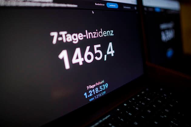 Corona 7-Tage-Inzidenz am 10.02.2022 Deutschland am 10.02.2022: Das RKI Dashboard mit den bundesweiten 7-Tage-Inzidenzen (1465,4) Zahlen auf einem Laptop.