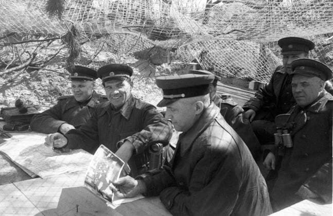 GENERALS TELEGIN CHUIKOV KAZAKOV WWII 62417 16.04.1945 Soviet generals (left to right) Konstantin Telegin, Vasily Chuikov and Vasily Kazakov at the observation point. Knorring Sputnik Germany  Copyright: xKnorringx