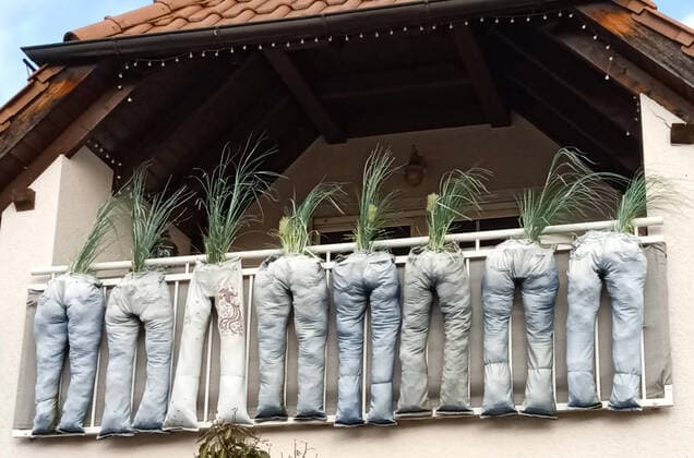 IMAGO Nature: Unsere Erde, Umweltverträgliche Herausforderungen des 21. Jahrhunderts, Recycling Foto des Tages . Recycling . Eine Familie benutzt Jeans als Vasen auf dem Balkon während die Covid 19 Coronavirus Pandemie in Nürnberg , Bayern , Deutschland . Februar 10 , 2022.