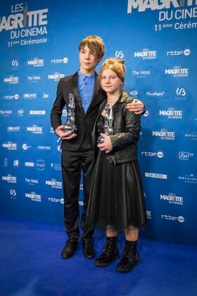 actor Günter Duret and actress Maya Vanderbeque pose after winning a Magritte for best promising actors at the Magritte du Cinema film awards ceremony, Saturday 12 February 2022, in Brussels. The prizes are awarded to movies of Belgian French-speaking producers.  PAUL-HENRIxVERLOOY 9316611