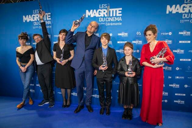 The team of the movie Un Monde directed by Laura Wandel pose after winning seven Magrittes during the Magritte du Cinema film awards ceremony, Saturday 12 February 2022, in Brussels. The prizes are awarded to movies of Belgian French-speaking producers.  PAUL-HENRIxVERLOOY 9333234