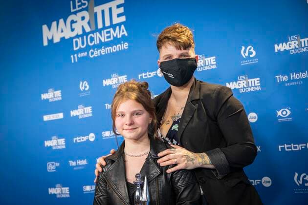 Actress Maya Vanderbeque and her mother pose after the Magritte du Cinema film awards ceremony, Saturday 12 February 2022, in Brussels. The prizes are awarded to movies of Belgian French-speaking producers.  PAUL-HENRIxVERLOOY 9334032