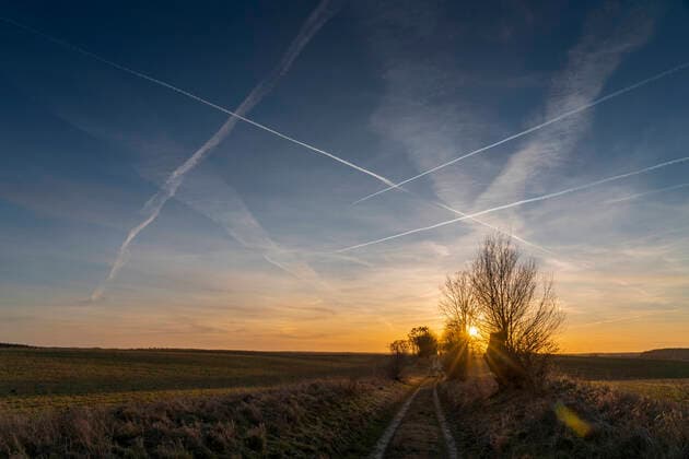 Kondensstreifen von Verkehrsflugzeugen bei Sonnenuntergang über Golzow (Landkreis Märkisch-Oderland). Der Feld- und Wanderweg verbindet die Orte Golzow und Görlsdorf. Foto: Volker Hohlfeld Verkehr über dem Oderbruch