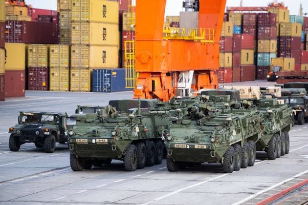 February 13, 2022, Gdynia, Pomerania, Poland: A view of US military equipment (Humvee s and Stryker s) in a queue at the Baltic Container Terminal in Gdynia..The US Army transports military equipment from Poland to the United States after being deployed for 9 months, Is the long-term rotation of the equipment. Another unit arrives to train together with the troops of Great Britain, Croatia and Romania as part of joint military maneuvers in Poland and Europe. Gdynia Poland - ZUMAs197 20220213_zaa_s197_125 Copyright: xMateuszxSlodkowskix