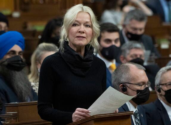 February 14, 2022, Ottawa, ON, Canada: Conservative Interim leader Candice Bergen rises during Question Period, Monday, February 14, 2022 in Ottawa. Ottawa Canada  - ZUMAc35_ 20220214_zaf_c35_133 Copyright: xAdrianxWyldx