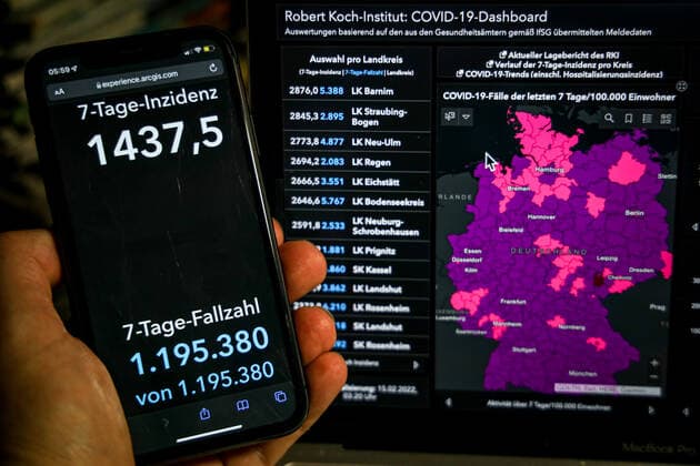 Coronavirus in Deutschland - Covid-19-Dashboard des Robert Koch-Institut 15.02.2022: Robert Koch-Institut: 7-Tage-Inzidenz 1437,5. 7-Tage-Fallzahl 1.195.380 COVID-19-Fälle 12.580.343. Zugang um 159.217 gegenüber dem Vortag. COVID-19-Todesfälle 120.220. Zugang um 243 gegenüber dem Vortag.