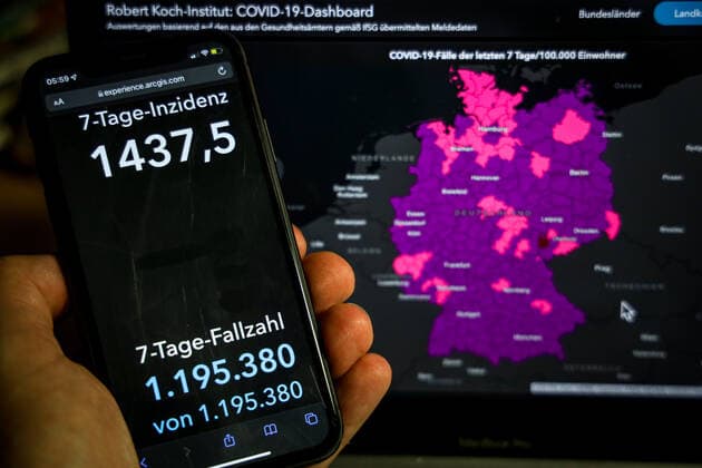 Coronavirus in Deutschland - Covid-19-Dashboard des Robert Koch-Institut 15.02.2022: Robert Koch-Institut: 7-Tage-Inzidenz 1437,5. 7-Tage-Fallzahl 1.195.380 COVID-19-Fälle 12.580.343. Zugang um 159.217 gegenüber dem Vortag. COVID-19-Todesfälle 120.220. Zugang um 243 gegenüber dem Vortag.