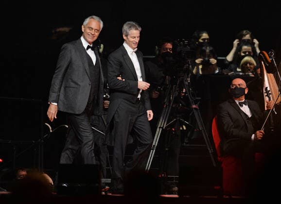 SUNRISE FL - FEBRUARY 14: Andrea Bocelli and Conductor Steven Mercurio perform during the Believe World Tour on Valentine s Day at The FLA Arena on February 14, 2022 in Sunrise, Florida. Copyright: xmpi04x