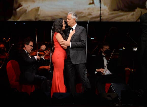SUNRISE FL - FEBRUARY 14: Soprano Maria Aleida performs with Andrea Bocelli during the Believe World Tour on Valentine s Day at The FLA Arena on February 14, 2022 in Sunrise, Florida. Copyright: xmpi04x