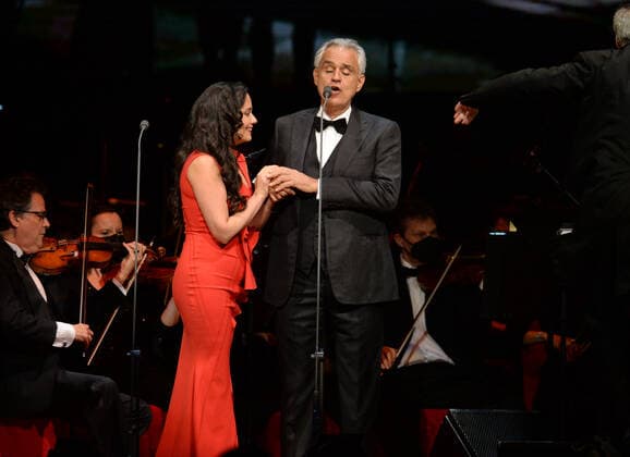 SUNRISE FL - FEBRUARY 14: Soprano Maria Aleida performs with Andrea Bocelli during the Believe World Tour on Valentine s Day at The FLA Arena on February 14, 2022 in Sunrise, Florida. Copyright: xmpi04x