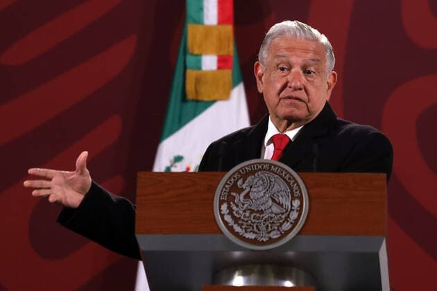 Lopez Obrador Press Conference MEXICO CITY, MEXICO - FEB 14, 2022: Mexican President, Andres Manuel Lopez Obrador, gestures while talk during his daily morning press conference at the National Palace . On February 14, 2022 In Mexico City, Mexico. (Photo by Luis Barron Eyepix Group) Copyright: xLuisxBarronx xEyepixxGroupx EYEPIX_LB_14022022_55875