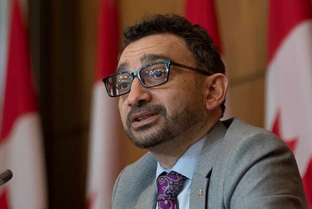 February 15, 2022, Ottawa, ON, Canada: Minister of Transport Omar Alghabra speaks during a news conference, Tuesday, Feb. 15, 2022 in Ottawa. Ottawa Canada  - ZUMAc35_ 20220215_zaf_c35_152 Copyright: xAdrianxWyldx