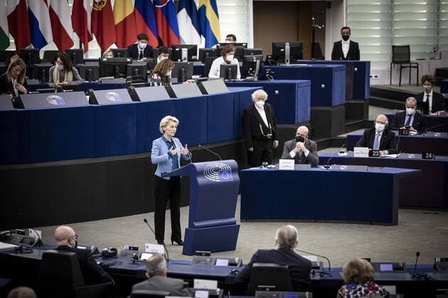 European Commission President Ursula von der Leyen in a debate on European security and Russia?s military threat against Ukraine, during a plenary session at the European Parliament on February 16, 2022 in Strasbourg, eastern France. NEWS: Plenary session at the European Parliament in Strasbourg, eastern France, on February 16, 2022. ElyxandroCegarra Panoramic 