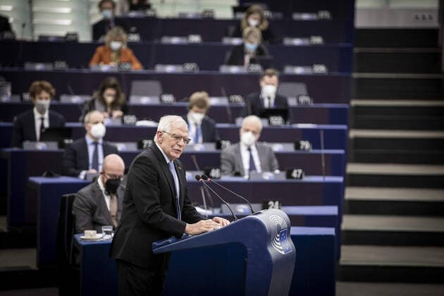 High Representative of the European Union for Foreign Affairs and Security Policy Josep Borrell speaks in a debate on European security and Russia?s military threat against Ukraine, during a plenary session at the European Parliament in Strasbourg, eastern France, on February 16, 2022. NEWS: Plenary session at the European Parliament in Strasbourg, eastern France, on February 16, 2022. ElyxandroCegarra Panoramic 