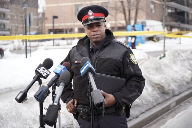 February 16, 2022, Toronto, Ontario, Canada: Toronto Police Insp. Richard Harris updates the media after a bus driver was stabbed. .For the second time in 7 days, a TTC worker has been seriously injured in a stabbing. Just after 1pm, a TTC Bus driver on the 41 Keele bus was stabbed following a dispute with a group of young men. The altercation continued outside the bus where he was stabbed multiple times. The driver was rushed to hospital in serious condition. No suspects have been arrested at this time. Toronto Canada - ZUMAm215 20220216_zip_m215_006 Copyright: xArlynxMcAdoreyx