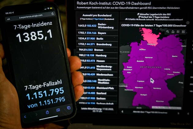 Coronavirus in Deutschland - Covid-19-Dashboard des Robert Koch-Institut 17.02.2022: Robert Koch-Institut: 7-Tage-Inzidenz 1385,1. 7-Tage-Fallzahl 1.151.795 COVID-19-Fälle 13.035.941. Zugang um 235.626 gegenüber dem Vortag. COVID-19-Todesfälle 120.728. Zugang um 261 gegenüber dem Vortag.
