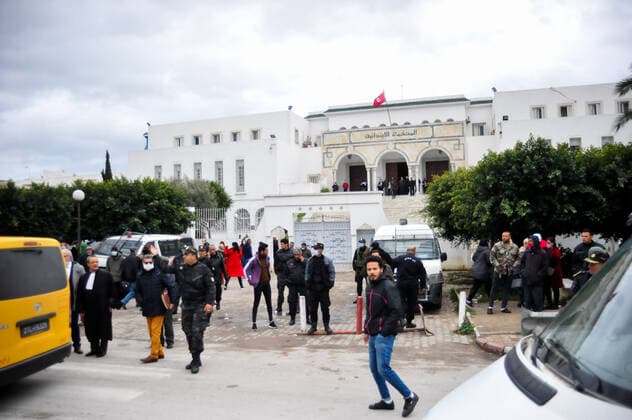 February 17, 2022, Tunis, Tunisia: Grand Tunis, Tunisia. 17 February 2022. Supporters of Football Club Africain stage a protest for the death of football fan Omar Abidi, in front of the Court of First Instance in the Tunisian city of Ben Arous. Omar Abidi, 19, drowned in a stream near the Rades Stadium in 2018, following a match between Club Africain and the Olympique Medenine teams. Abidi s family has filed a complaint against the police, with many football fans also blaming the police for he tragic death of the 19-year-old Tunis Tunisia - ZUMAd99_ 20220217_zap_d99_006 Copyright: xHasanxMradx