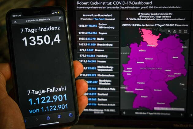 Coronavirus in Deutschland - Covid-19-Dashboard des Robert Koch-Institut 19.02.2022: Robert Koch-Institut: 7-Tage-Inzidenz 1350,4. 7-Tage-Fallzahl 1.122.901 COVID-19-Fälle 13.445.094. Zugang um 189.105 gegenüber dem Vortag. COVID-19-Todesfälle 121.202. Zugang um 210 gegenüber dem Vortag.