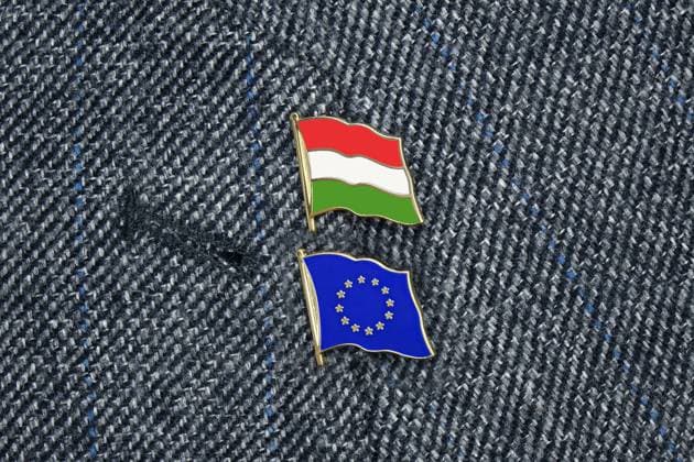 Revers mit Fahnensticker Revers mit Fahnensticker, 13.02.2022, Borkwalde, Brandenburg, An einem Jackenrevers befinden sich Fahnensticker von Ungarn und der Europäischen Union. *** Lapel with flag sticker Lapel with flag sticker, 13 02 2022, Borkwalde, Brandenburg, On a jacket lapel are flag stickers of Hungary and the European Union.