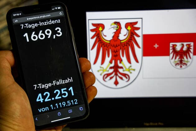 Coronavirus in Deutschland - Covid-19-Dashboard des Robert Koch-Institut DEU, Deutschland, Brandenburg 20.02.2022: Die 7-Tage-Inzidenz für das Bundesland (Fälle letzte 7 Tage 100.000 EW) wird auf einem iPhone angezeigt, im Hintergrund das Landeswappen