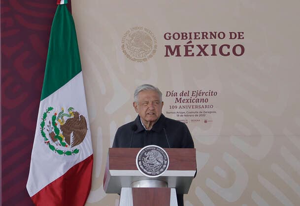 109th Anniversary Of The Mexican Army AndrÃ s Manuel Lopez Obrador, President of Mexico, during the commemoration of the 109th Anniversary of the Mexican Army in Ramos Arizpe, Coahuila. The past that shaped this armed force and laid the foundations for what it is today dates back to the Mexican Revolution, with the enactment of Decree 1421 on 19 February 1913, issued by the XXII Congress of the State of Coahuila, which disowned the government of Victoriano Huerta, empowering Governor Venustiano Carranza to arm forces and restore constitutional order. Ramos Arizpe Coahuila Ramos Arizpe Coahuila Mexico  Copyright: xGerardoxVieyrax originalFilename: vieyra-notitle220219_npnn8.jpg