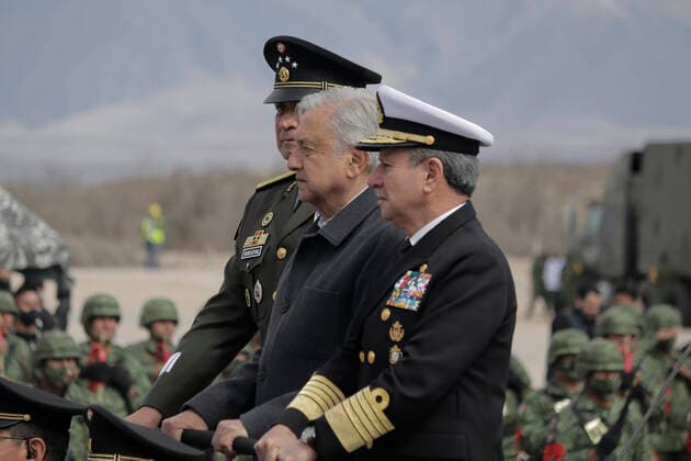 109th Anniversary Of The Mexican Army AndrÃ s Manuel Lopez Obrador, President of Mexico, accompanied by Luis Cresencio Sandoval Gonzalez, Secretary of National Defence and JosÃ Rafael Ojeda Duran, Secretary of the Navy, during the commemoration of the 109th Anniversary of the Mexican Army in Ramos Arizpe, Coahuila. The past that shaped this armed force and laid the foundations for what it is today dates back to the Mexican Revolution, with the enactment of Decree 1421 on 19 February 1913, issued by the XXII Congress of the State of Coahuila, by which the government of Victoriano Huerta was disowned, empowering Governor Venustiano Carranza to arm forces and restore constitutional order. Ramos Arizpe Coahuila Ramos Arizpe Coahuila Mex  Copyright: xGerardoxVieyrax originalFilename: vieyra-notitle220219_npv6N.jpg