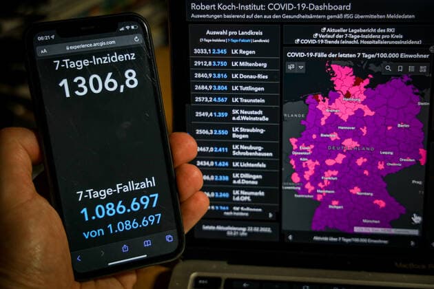Coronavirus in Deutschland - Covid-19-Dashboard des Robert Koch-Institut 22.02.2022: Robert Koch-Institut: 7-Tage-Inzidenz 1306,8. 7-Tage-Fallzahl 1.086.697 COVID-19-Fälle 13.762.895. Zugang um 125.902 gegenüber dem Vortag. COVID-19-Todesfälle 121.603. Zugang um 306 gegenüber dem Vortag.