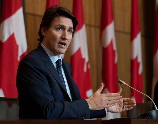 February 23, 2022, Ottawa, ON, Canada: Canadian Prime Minister Justin Trudeau responds to a question during a news conference, Wednesday, Feb. 23, 2022 in Ottawa. Ottawa Canada  - ZUMAc35_ 20220223_zaf_c35_045 Copyright: xAdrianxWyldx