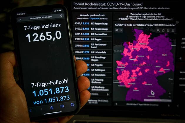 Coronavirus in Deutschland - Covid-19-Dashboard des Robert Koch-Institut 24.02.2022: Robert Koch-Institut: 7-Tage-Inzidenz 1265,0. 7-Tage-Fallzahl 1.051.873 COVID-19-Fälle 14.188.269. Zugang um 216.322 gegenüber dem Vortag. COVID-19-Todesfälle 122.145. Zugang um 243 gegenüber dem Vortag.