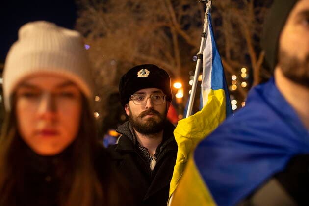 February 24, 2022, EDMONTON, AB, CANADA: People take part in a rally in support of the Ukraine after Russia invaded the Ukraine in Edmonton on Thursday February 24, 2022. EDMONTON CANADA  - ZUMAc35_ 20220224_zaf_c35_111 Copyright: xJasonxFransonx