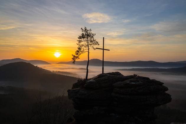 Sonnenaufgang mit Nebel, Gipfel mit Kreuz und Baum auf einem Sandsteinfelsen, Aussicht, Rötzenfels, Pfälzerwald, Deutschland, Europa *** Sunrise with fog, peak with cross and tree on a sandstone rock, view, Rötzenfels, Palatinate Forest, Germany, Europe Copyright: imageBROKER/JanxWehnert ibxjwe08153749.jpg