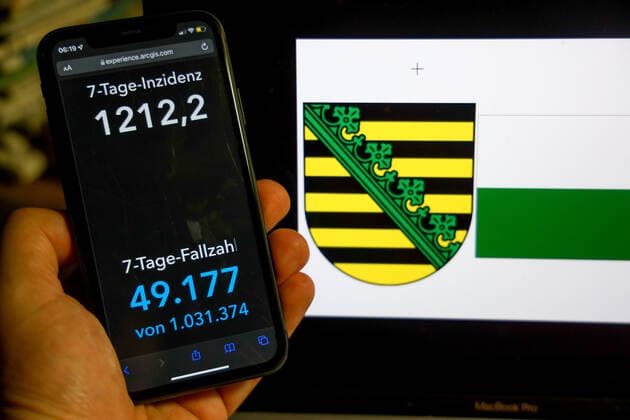 Coronavirus in Deutschland - Covid-19-Dashboard des Robert Koch-Institut DEU, Deutschland, Sachsen 27.02.2022: Die 7-Tage-Inzidenz für das Bundesland (Fälle letzte 7 Tage 100.000 EW) wird auf einem iPhone angezeigt, im Hintergrund das Landeswappen