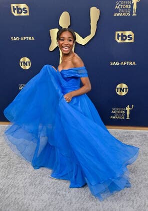 Saniyya Sidney attends the 28th annual SAG Awards held at The Barker Hangar in Santa Monica, California on Sunday, February 27, 2022. The Screen Actors Guild Awards will be broadcast live on TNT and TBS.  LAP20220227235 JIMxRUYMEN