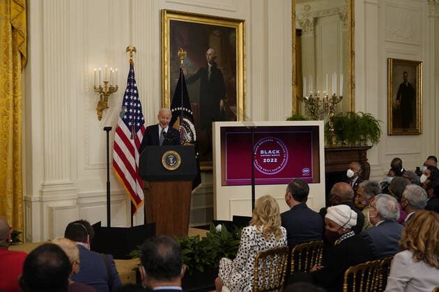 United States President Joe Biden makes remarks as he and first lady Dr. Jill Biden host a celebration in observance of Black History Month in the East Room of the White House in Washington, DC on Monday, February 28, 2022. Black federal, state and local government officials as well as Civil Rights leaders are in attendance. Copyright: xChrisxKleponisx xPoolxviaxCNPx MediaPunchx