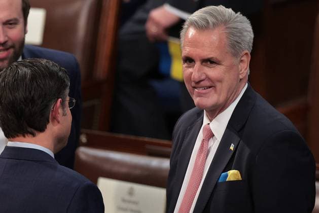 House Minority Leader Kevin McCarthy (R-CA) wears a Ukrainian flag lapel pin before President Joe Biden deliver s his first state of the Union Address to a joint session of Congress at the U.S. Capitol in Washington, DC on Tuesday, March 1, 2022. Pool photo by Win McNamee  WAP20220301607 WinxMcNamee