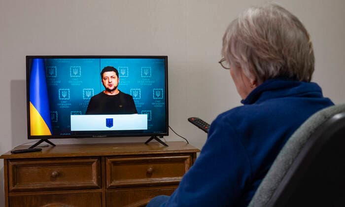 March 2, 2022, Kiev, Ukraine: President Volodymyr Zelensky delivers an urgent televised address to the Ukrainian nation. He accuses Russia of attacking Babin Yar, a mass grave site for Jews who died during the Holocaust. He stresses that the aggressor is waging a war to destroy Ukraine, destroying its cities and villages, civilian infrastructure and committing war crimes. Kiev Ukraine - ZUMAs197 20220302_zaa_s197_031 Copyright: xIgorxGolovniovx
