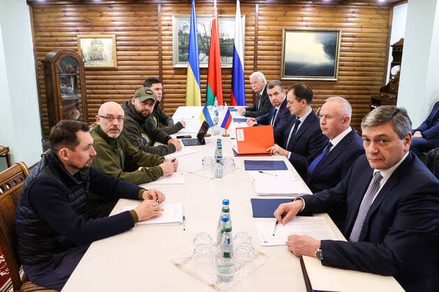 BREST REGION, BELARUS - MARCH 7, 2022: Ukraineâ€™s Deputy Prime Minister Mykola Tochytskyi, Ukraineâ€™s Defence Minister Oleksiy Reznikov, Ukrainian Parliament member Davyd Arakhamia, adviser to the head of the Ukrainian Pesidential Office Mykhailo Podoliyak (from L) and Russiaâ€™s Deputy Minister of Foreign Affairs Andrei Rudenko, Russiaâ€™s Deputy Defence Minister Alexander Fomin, Russian President Putinâ€™s adviser Vladimir Medinsky, Russian State Duma member Leonid Slutsky, Russiaâ€™s Ambassador to Belarus Boris Gryzlov (from R) at a third round of Russian-Ukrainian talks at Belovezhskaya Pushcha National Park in the Brest Region of Belarus. On 3 March 2022, a second round of Russian-Ukrainian talks took place amid a special military operation in U  TS126EFD