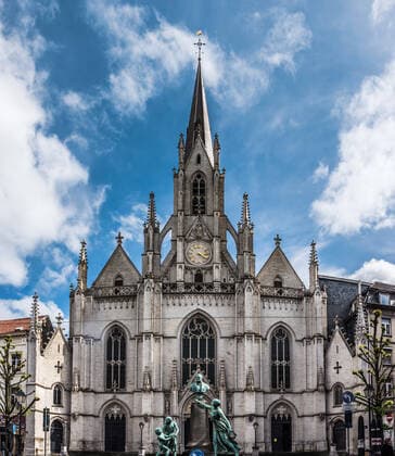 Ixelles, Brussels - Belgium - 04 27 2019 The facade of th catholic Saint Boniface church in the Boniface-Matonge neighbourhood