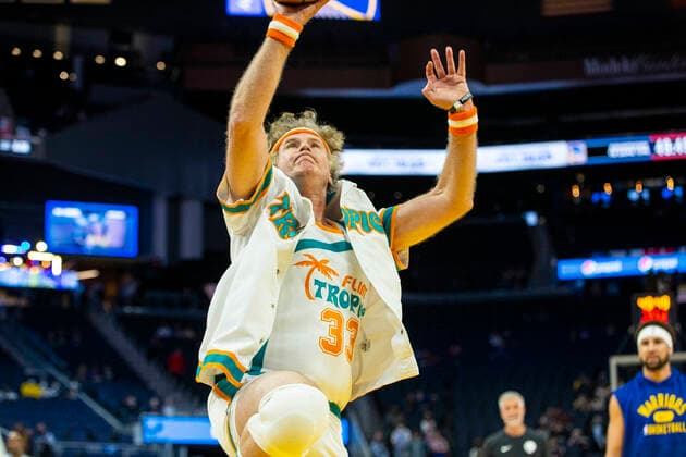 Actor Will Ferrell wears the Flint Tropics uniform from the feature film ÒSemi-ProÓ and joins the Golden State Warriors during warm-ups before the team plays against the Los Angeles Clippers at Chase Center on March 8, 2022 in San Francisco, California. Copyright: xx