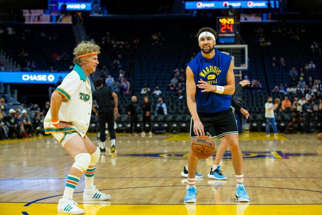 Actor Will Ferrell wears the Flint Tropics uniform from the feature film ÒSemi-ProÓ and joins Klay Thompson of the Golden State Warriors guard Klay Thompson (11) during warm-ups before the team plays against the Los Angeles Clippers at Chase Center on March 8, 2022 in San Francisco, California. Copyright: xx