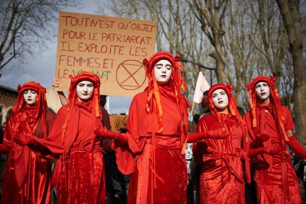 International Women s Day In Toulouse Memebrs of XR dressed in red during the protest with a placard reading Everything is an object for patriarchy, it exploits women and the living . More than 4000 women and men took to the streets of Toulouse for the International Women s Day. This year, the motto was about sexism, salaries difference and sex violence. They want to raise awareness about sexism, machism and the difference of rights between men and women in our society. Protesters denounce also rapes, sex violence, violence towards women. The head banner was in chosen diversity zone ie no men allowed . Toulouse. March 8th 2022. Toulouse France  Copyright: xAlainxPittonx originalFilename: pitton-notitle220308_npsnf.jpg