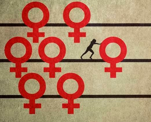 Frau schiebt weibliches Geschlechtssymbol auf Abakus *** Woman pushes female sex symbol on abacus  Copyright: xGaryxWatersx 11592337