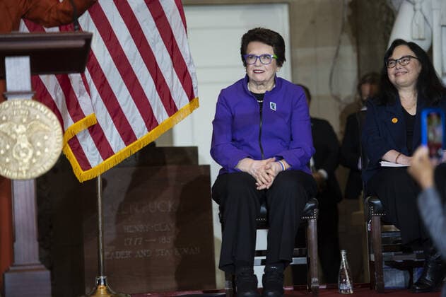 Founder of the Women s Tennis Association and Former No.1 American Tennis Player Billie Jean King looks on during an Annual Women s History Month Event in celebration of the 50th Anniversary of Title IX in Statuary Hall at the US Capitol in Washington, DC on Wednesday, March 9, 2022.  WAP20220309871 BONNIExCASH