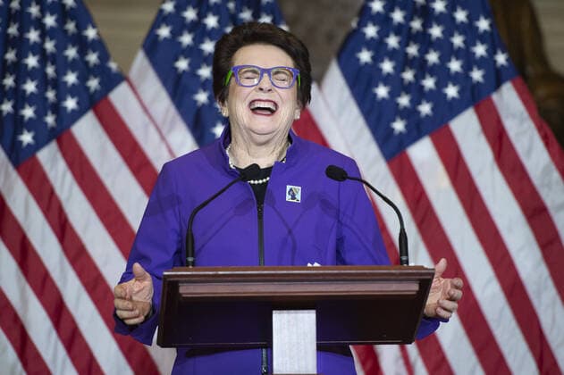 Founder of the Women s Tennis Association and Former No.1 American Tennis Player Billie Jean King laughs during an Annual Women s History Month Event in celebration of the 50th Anniversary of Title IX in Statuary Hall at the US Capitol in Washington, DC on Wednesday, March 9, 2022.  WAP20220309865 BONNIExCASH